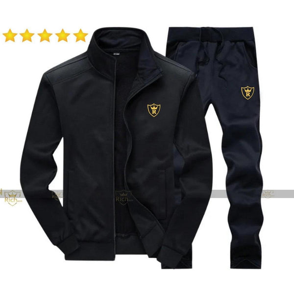 Men's Fleece Track Suit - 2 Pcs - black - plain - Collar Design