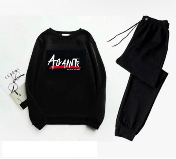 Men's Printed  Polyester Track Suit - 2 Pcs ( Sweatshirt & Trousers) in Black