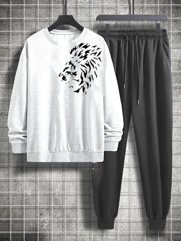 Fleece Printed Sweatshirt Track Suit (White)